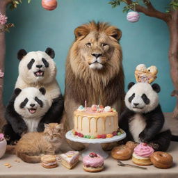 A captivating scene featuring a lion, wolf, cat, dog, and panda, all sitting together harmoniously and sharing a feast of cake, ice cream, and donuts.