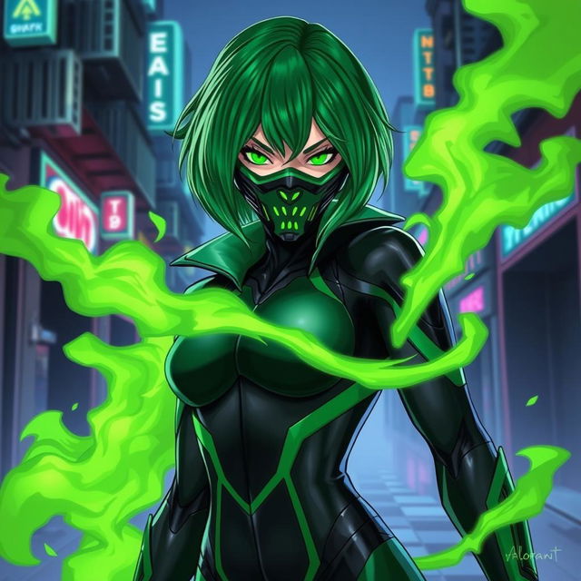 A strikingly detailed illustration of Viper from Valorant, showcasing her iconic green and black outfit which emphasizes her sleek, stealthy silhouette