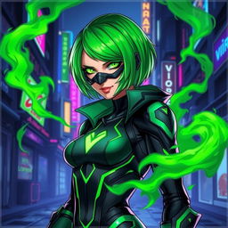 A strikingly detailed illustration of Viper from Valorant, showcasing her iconic green and black outfit which emphasizes her sleek, stealthy silhouette