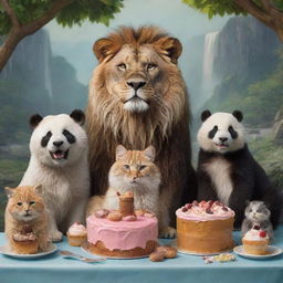 A captivating scene featuring a lion, wolf, cat, dog, and panda, all sitting together harmoniously and sharing a feast of cake, ice cream, and donuts.