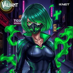 A strikingly detailed illustration of Viper from Valorant, showcasing her iconic green and black outfit which emphasizes her sleek, stealthy silhouette