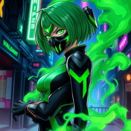 A strikingly detailed illustration of Viper from Valorant, showcasing her iconic green and black outfit which emphasizes her sleek, stealthy silhouette