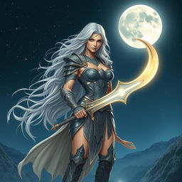 A stunning warrior woman inspired by the moon, standing proudly on a cliff under a starry night sky