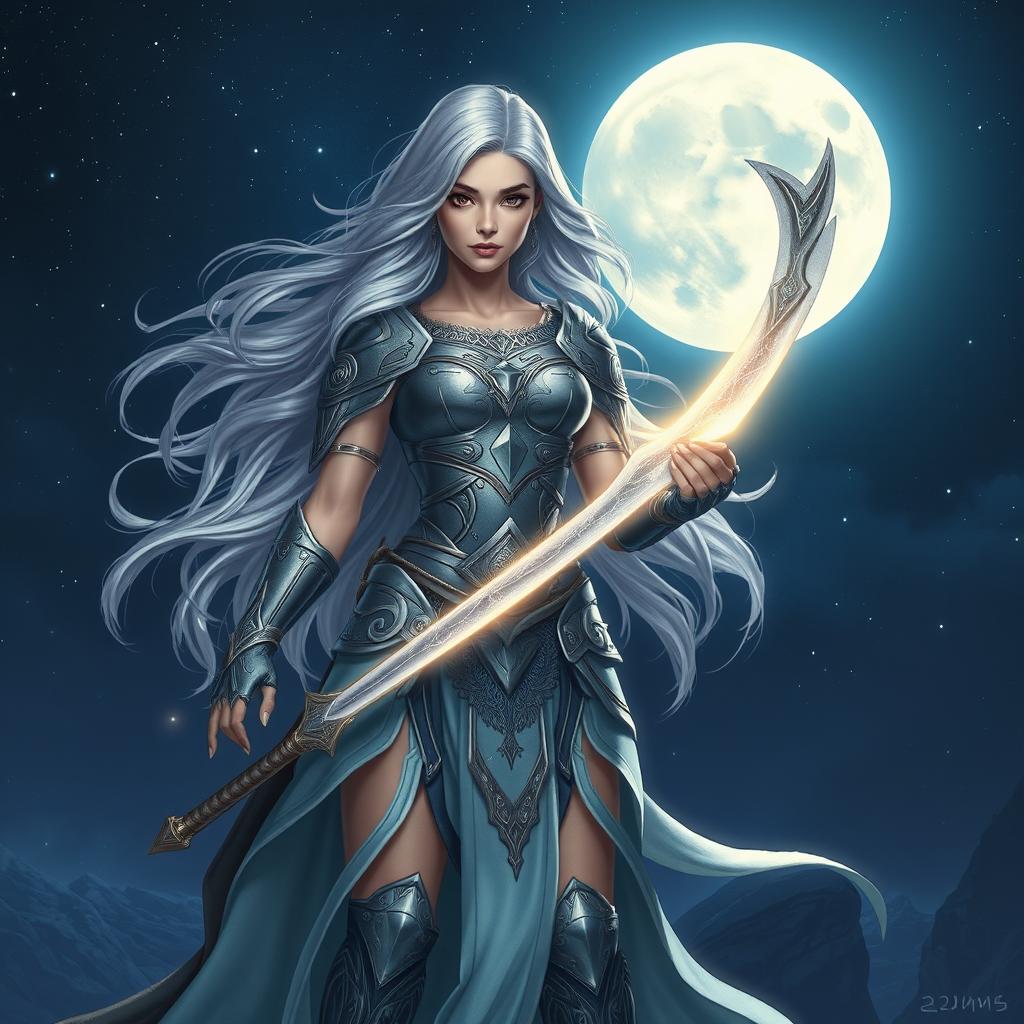 A stunning warrior woman inspired by the moon, standing proudly on a cliff under a starry night sky