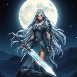 A stunning warrior woman inspired by the moon, standing proudly on a cliff under a starry night sky