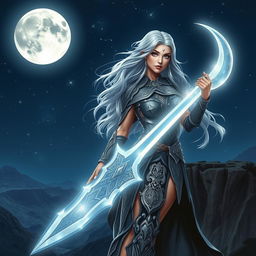 A stunning warrior woman inspired by the moon, standing proudly on a cliff under a starry night sky