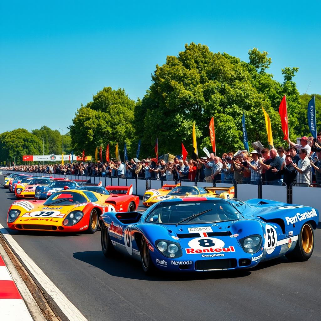 A thrilling scene from a classic Le Mans rally, showcasing a lineup of high-performance race cars on a vibrant racetrack under a clear blue sky