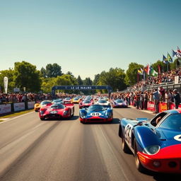 A thrilling scene from a classic Le Mans rally, showcasing a lineup of high-performance race cars on a vibrant racetrack under a clear blue sky