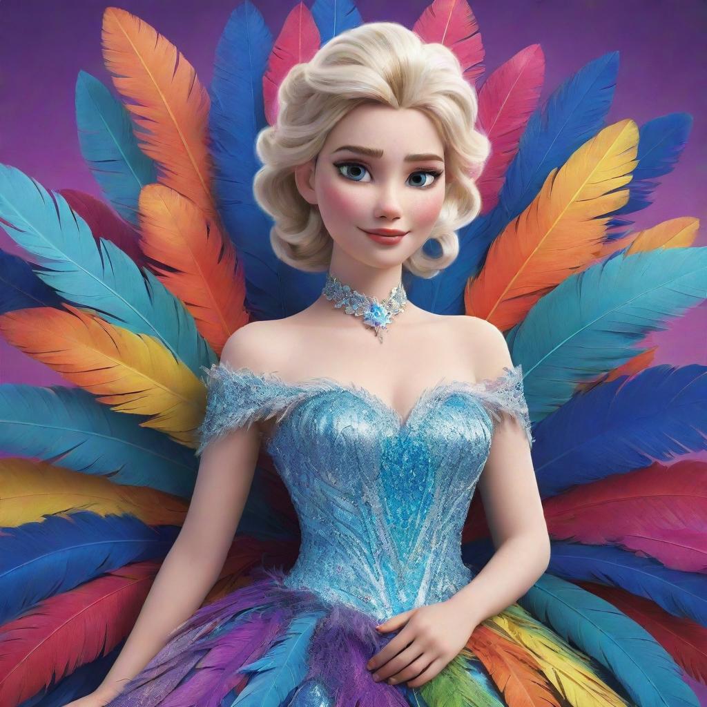 An illustration of Elsa from Frozen, donned in a bold and extravagant feathered dress costume, in the midst of a colorful drag setting. Her icy elegance blends with flamboyant style.