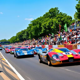 A thrilling scene from a classic Le Mans rally, showcasing a lineup of high-performance race cars on a vibrant racetrack under a clear blue sky