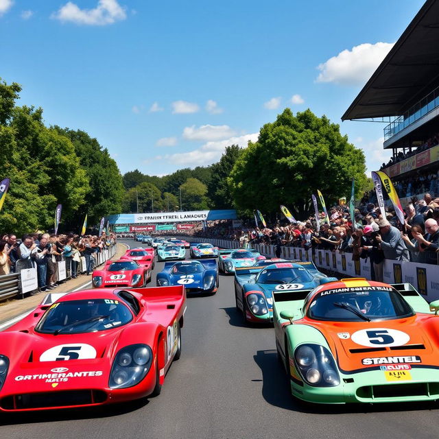 A thrilling scene from a classic Le Mans rally, showcasing a lineup of high-performance race cars on a vibrant racetrack under a clear blue sky