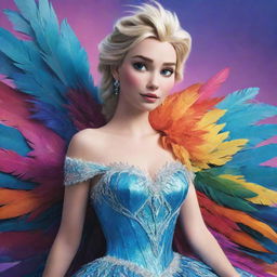 An illustration of Elsa from Frozen, donned in a bold and extravagant feathered dress costume, in the midst of a colorful drag setting. Her icy elegance blends with flamboyant style.