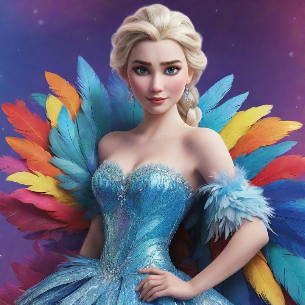 An illustration of Elsa from Frozen, donned in a bold and extravagant feathered dress costume, in the midst of a colorful drag setting. Her icy elegance blends with flamboyant style.