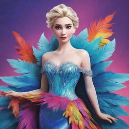 An illustration of Elsa from Frozen, donned in a bold and extravagant feathered dress costume, in the midst of a colorful drag setting. Her icy elegance blends with flamboyant style.