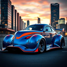 An extraordinary supercar that masterfully combines the timeless design of a 1939 Chevrolet Coupe with the aggressive styling cues of a McLaren and the muscular aesthetics of a Camaro, featuring an impressive widebody and robust wide performance tires