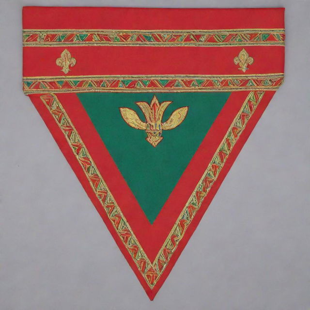 A scout bandana or 'pañolin', folded triangularly. It features a vibrant color pattern from top to bottom with a green section, followed by a gold section, culminating with a bold red section.