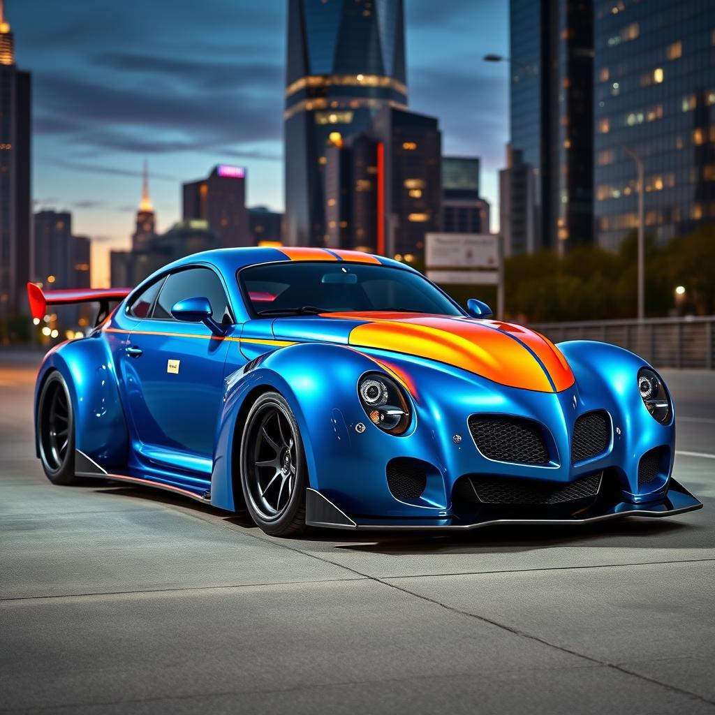 An extraordinary supercar that masterfully combines the timeless design of a 1939 Chevrolet Coupe with the aggressive styling cues of a McLaren and the muscular aesthetics of a Camaro, featuring an impressive widebody and robust wide performance tires