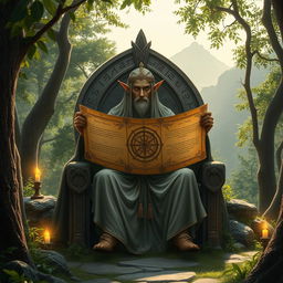 An imaginative portrayal of a doctorine set in the world of The Lord of the Rings, featuring a wise elven figure seated on an ancient stone throne in a mystical forest