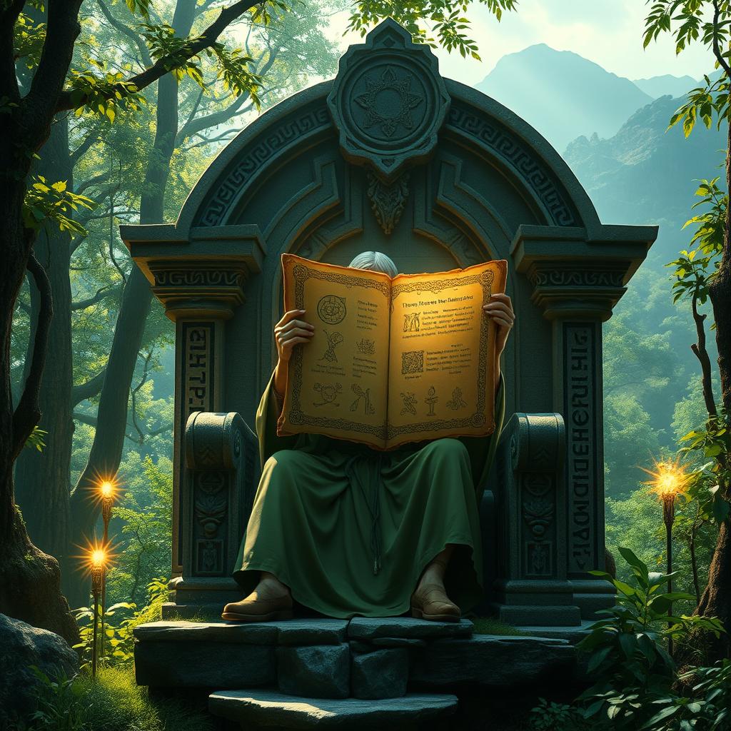 An imaginative portrayal of a doctorine set in the world of The Lord of the Rings, featuring a wise elven figure seated on an ancient stone throne in a mystical forest