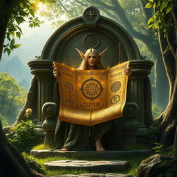 An imaginative portrayal of a doctorine set in the world of The Lord of the Rings, featuring a wise elven figure seated on an ancient stone throne in a mystical forest