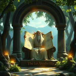 An imaginative portrayal of a doctorine set in the world of The Lord of the Rings, featuring a wise elven figure seated on an ancient stone throne in a mystical forest