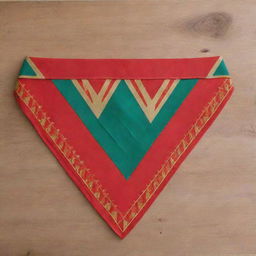 A scout bandana or 'pañolin', folded triangularly. It features a vibrant color pattern from top to bottom with a green section, followed by a gold section, culminating with a bold red section.