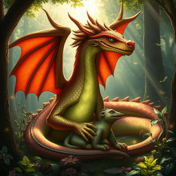 A majestic dragon healer in a fantasy setting, with vibrant scales, sitting peacefully in a lush, enchanted forest