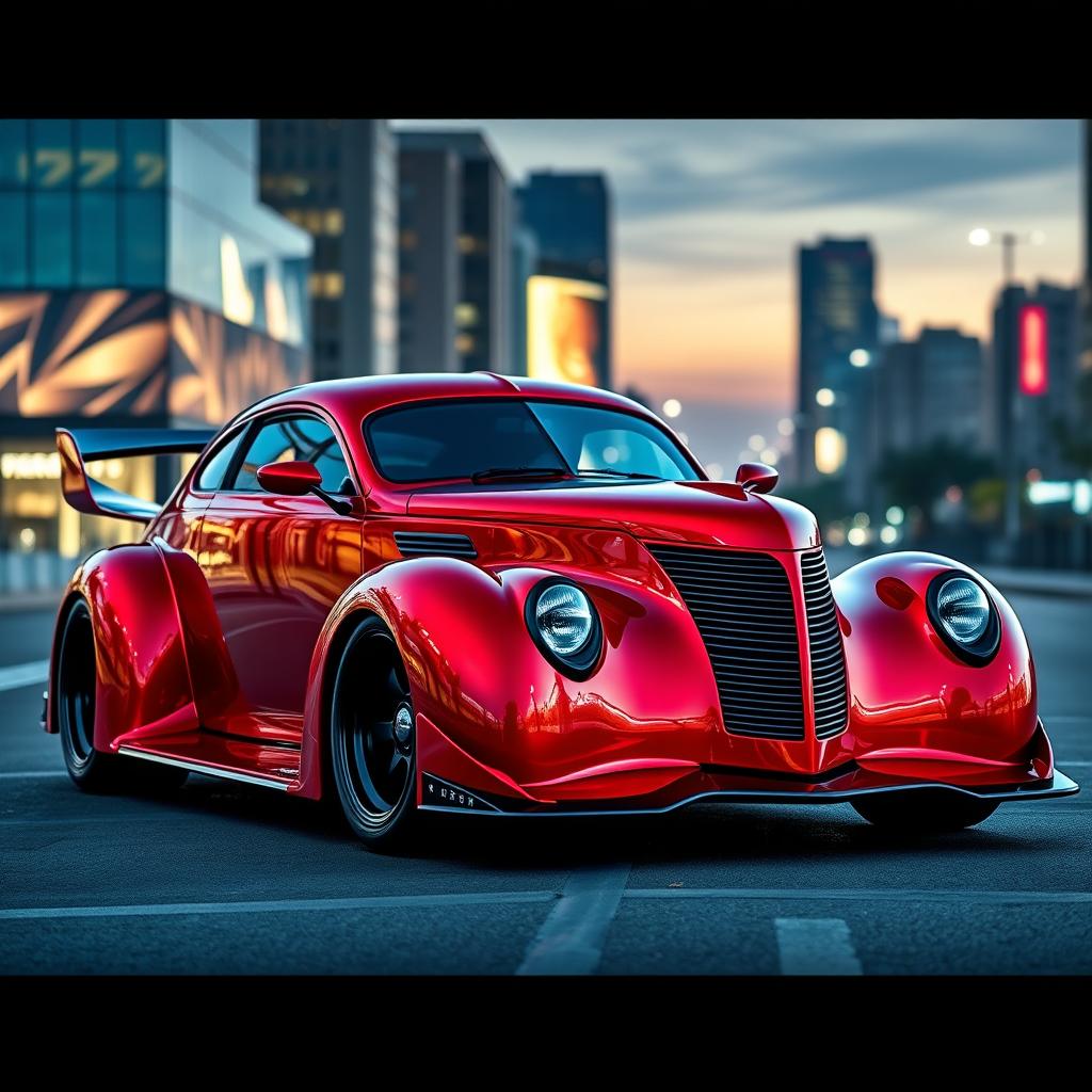 An extraordinary hypercar that seamlessly fuses the classic design of a 1939 Chevrolet Coupe with elements from a Ferrari and a Camaro, featuring a striking widebody and robust wide performance tires