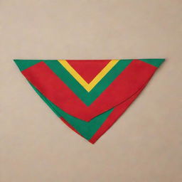 A scout bandana or 'pañolin', folded triangularly. It features a vibrant color pattern from top to bottom with a green section, followed by a gold section, culminating with a bold red section.