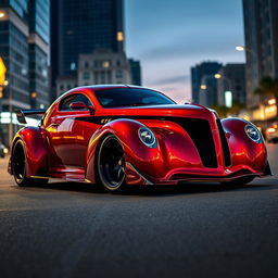 An extraordinary hypercar that seamlessly fuses the classic design of a 1939 Chevrolet Coupe with elements from a Ferrari and a Camaro, featuring a striking widebody and robust wide performance tires