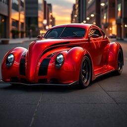 An extraordinary hypercar that seamlessly fuses the classic design of a 1939 Chevrolet Coupe with elements from a Ferrari and a Camaro, featuring a striking widebody and robust wide performance tires