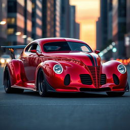 An extraordinary hypercar that seamlessly fuses the classic design of a 1939 Chevrolet Coupe with elements from a Ferrari and a Camaro, featuring a striking widebody and robust wide performance tires