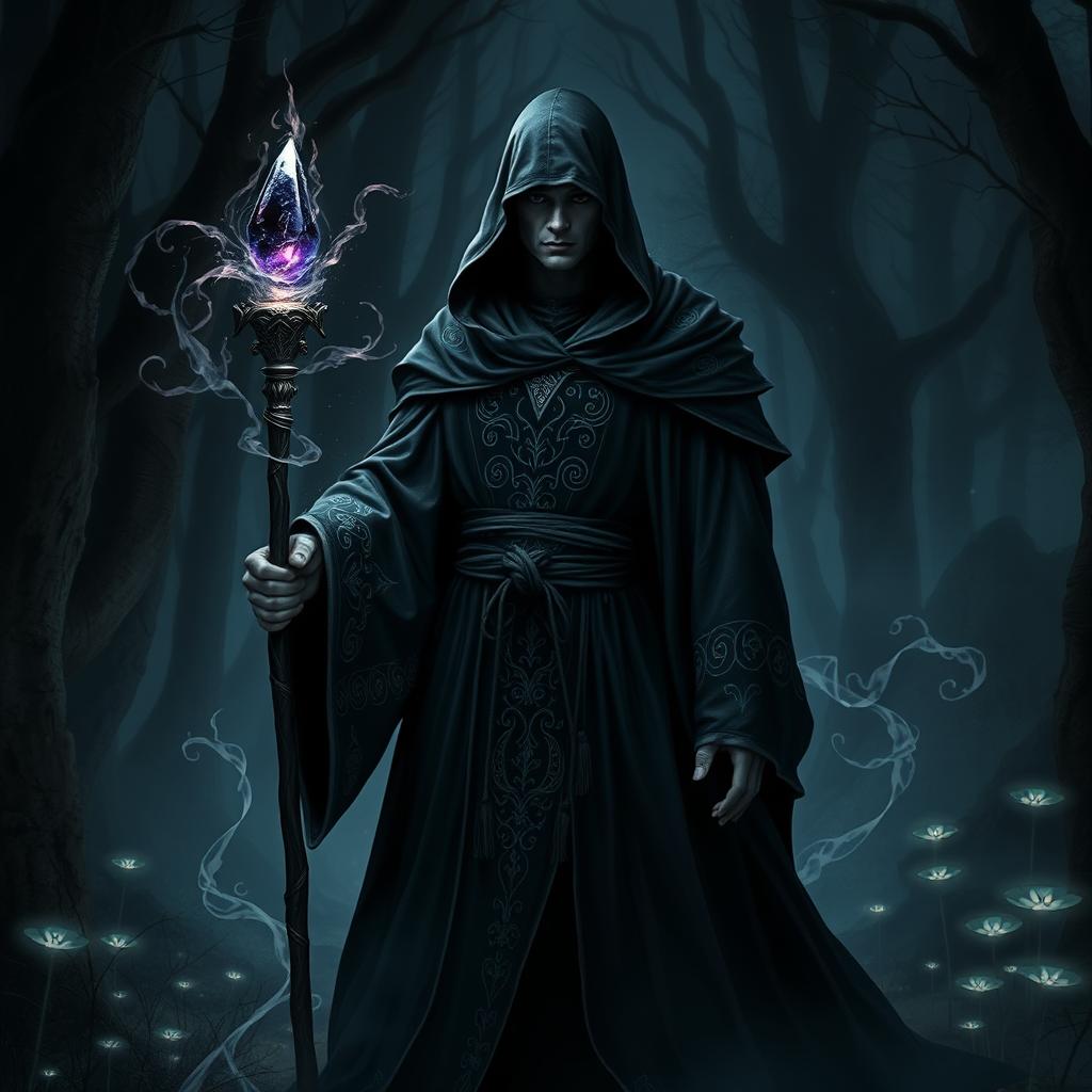 A powerful dark mage, shrouded in mystique and elegance, standing in a shadowy enchanted forest