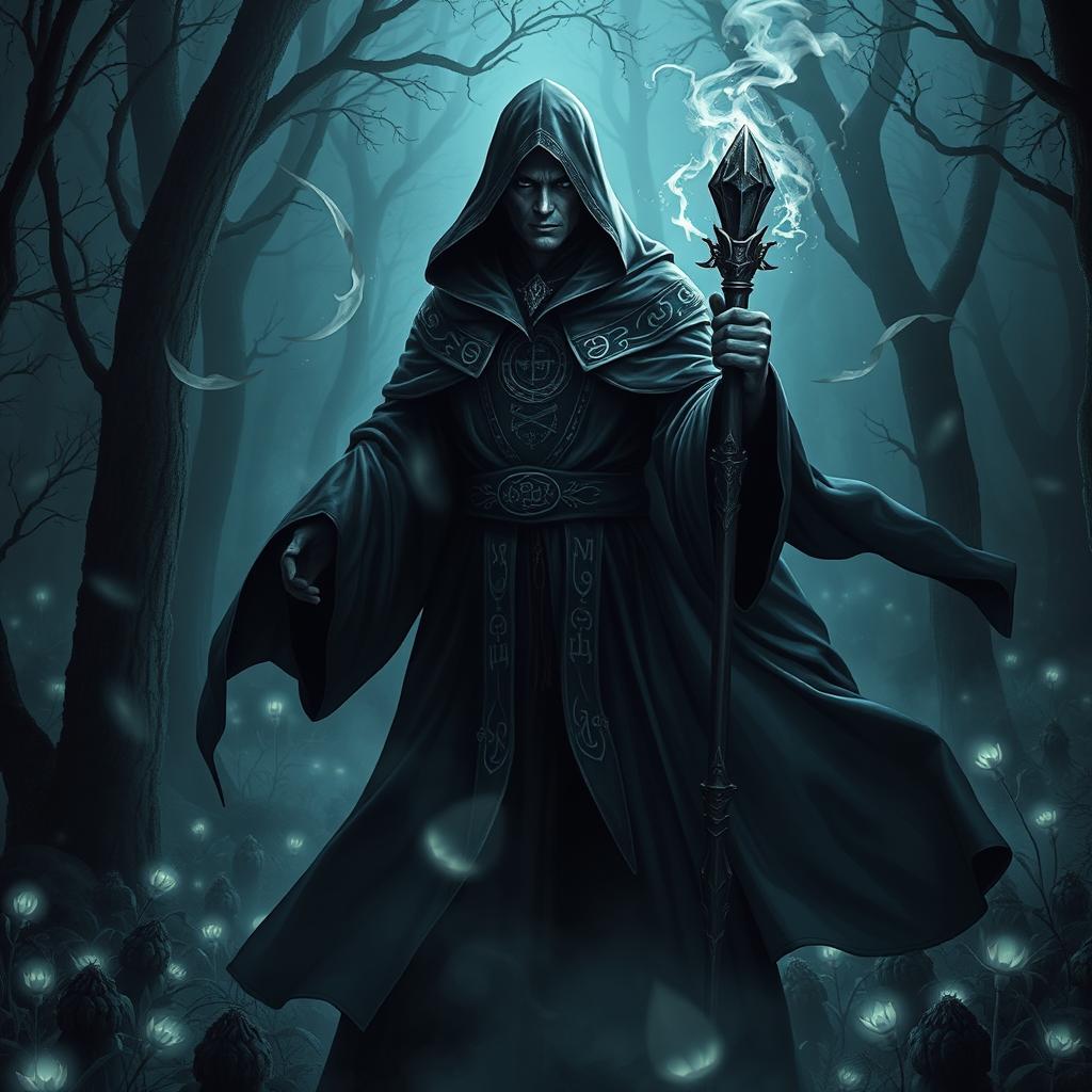 A powerful dark mage, shrouded in mystique and elegance, standing in a shadowy enchanted forest