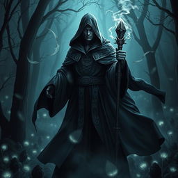 A powerful dark mage, shrouded in mystique and elegance, standing in a shadowy enchanted forest