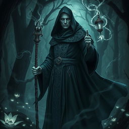 A powerful dark mage, shrouded in mystique and elegance, standing in a shadowy enchanted forest