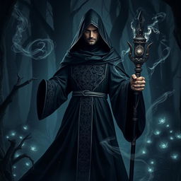 A powerful dark mage, shrouded in mystique and elegance, standing in a shadowy enchanted forest