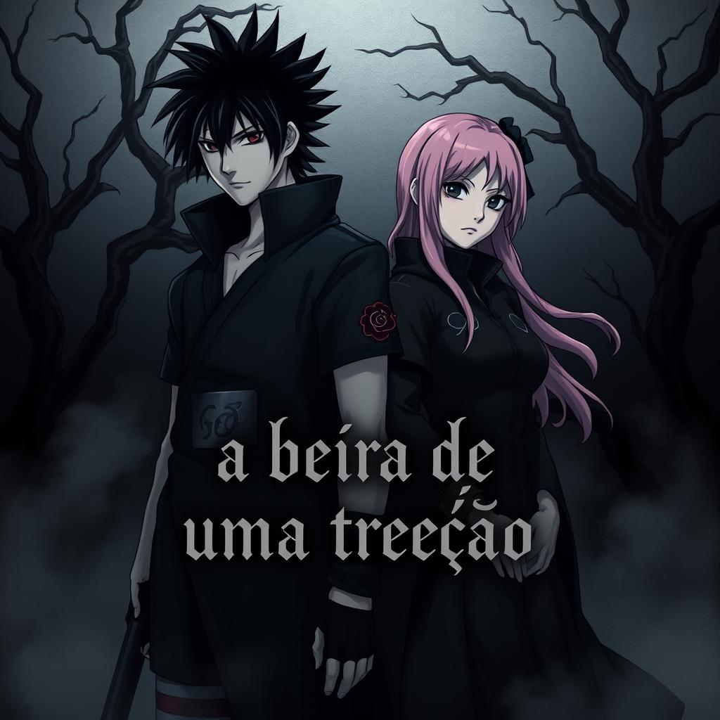 A dark and gothic illustration featuring Sasuke and Sakura from Naruto, standing side by side in a moody, atmospheric landscape