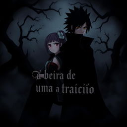 A dark and gothic illustration featuring Sasuke and Sakura from Naruto, standing side by side in a moody, atmospheric landscape