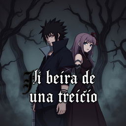 A dark and gothic illustration featuring Sasuke and Sakura from Naruto, standing side by side in a moody, atmospheric landscape