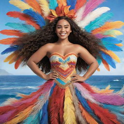 A vibrant rendering of Moana, outfitted in an elaborately feathered dress costume, in a festive drag race setting. The wind-blown feathers symbolize her free spirit and oceanic heritage.