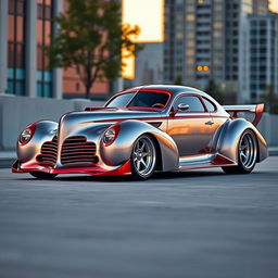 An exceptional hypercar that elegantly merges the classic design of a 1939 Chevrolet Coupe with the sleek features of a Ferrari, enhanced with a striking widebody and robust wide performance tires