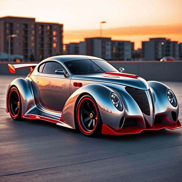 An exceptional hypercar that elegantly merges the classic design of a 1939 Chevrolet Coupe with the sleek features of a Ferrari, enhanced with a striking widebody and robust wide performance tires