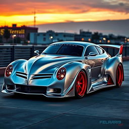 An exceptional hypercar that elegantly merges the classic design of a 1939 Chevrolet Coupe with the sleek features of a Ferrari, enhanced with a striking widebody and robust wide performance tires