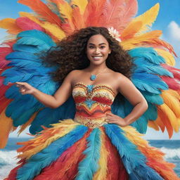 A vibrant rendering of Moana, outfitted in an elaborately feathered dress costume, in a festive drag race setting. The wind-blown feathers symbolize her free spirit and oceanic heritage.