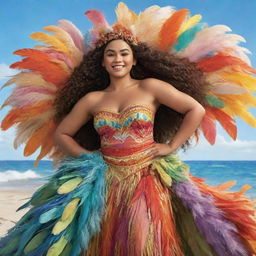 A vibrant rendering of Moana, outfitted in an elaborately feathered dress costume, in a festive drag race setting. The wind-blown feathers symbolize her free spirit and oceanic heritage.