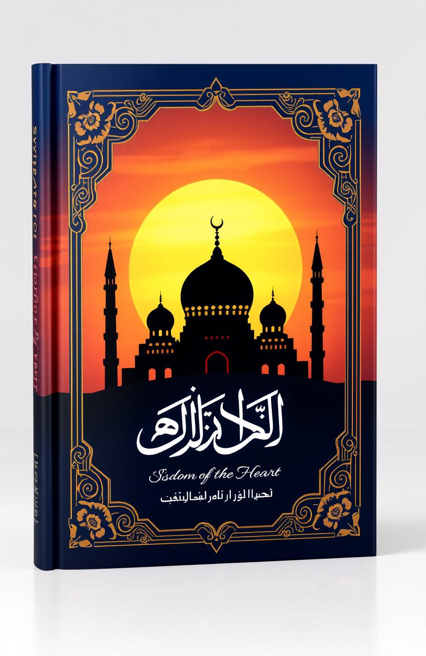 A beautifully designed Islamic book cover featuring a serene mosque silhouette against a sunset backdrop, intricate geometric patterns in gold and blue, Arabic calligraphy that reads 'Wisdom of the Heart', floral motifs adorning the corners, a soft gradient sky transitioning from orange to deep blue, and a subtle glowing effect around the title to create a peaceful and inviting atmosphere