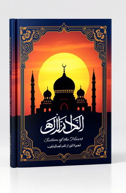 A beautifully designed Islamic book cover featuring a serene mosque silhouette against a sunset backdrop, intricate geometric patterns in gold and blue, Arabic calligraphy that reads 'Wisdom of the Heart', floral motifs adorning the corners, a soft gradient sky transitioning from orange to deep blue, and a subtle glowing effect around the title to create a peaceful and inviting atmosphere