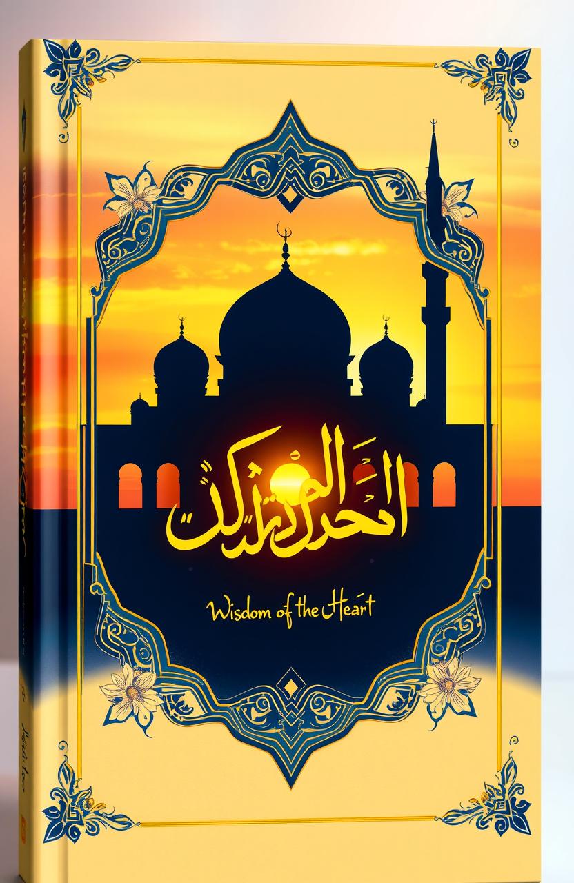 A beautifully designed Islamic book cover featuring a serene mosque silhouette against a sunset backdrop, intricate geometric patterns in gold and blue, Arabic calligraphy that reads 'Wisdom of the Heart', floral motifs adorning the corners, a soft gradient sky transitioning from orange to deep blue, and a subtle glowing effect around the title to create a peaceful and inviting atmosphere