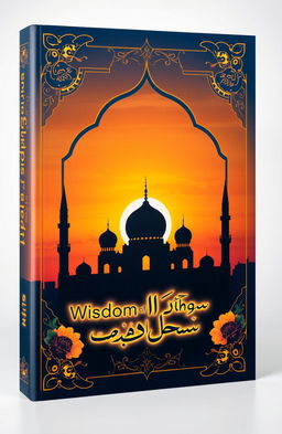 A beautifully designed Islamic book cover featuring a serene mosque silhouette against a sunset backdrop, intricate geometric patterns in gold and blue, Arabic calligraphy that reads 'Wisdom of the Heart', floral motifs adorning the corners, a soft gradient sky transitioning from orange to deep blue, and a subtle glowing effect around the title to create a peaceful and inviting atmosphere